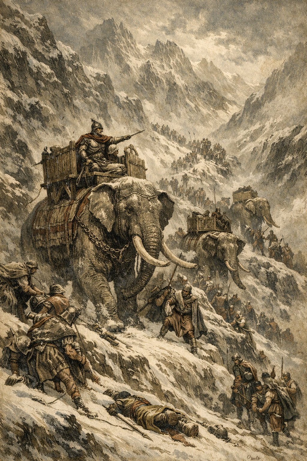 An army crossing a snowy mountain pass, representing Hannibal's journey over the Alps.